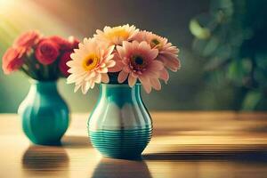 two vases with flowers on a table. AI-Generated photo