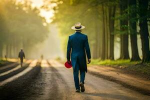 a man in a suit and hat walks down a road. AI-Generated photo