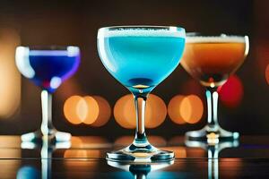 three different colored drinks in glasses on a table. AI-Generated photo