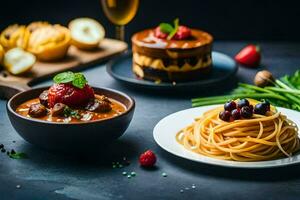 spaghetti and meatballs on a table. AI-Generated photo