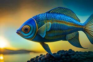 un pescado con azul y amarillo colores es mostrado en esta cuadro. generado por ai foto