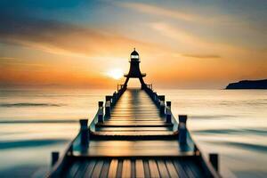 a lighthouse is seen at sunset on a pier. AI-Generated photo