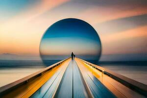 un hombre soportes en un puente mirando a un grande esfera. generado por ai foto