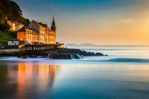 un casa en el playa a puesta de sol. generado por ai foto