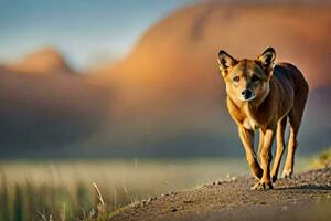 un dingo caminando en un la carretera en el desierto. generado por ai foto