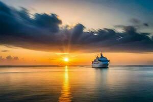 a cruise ship in the ocean at sunset. AI-Generated photo