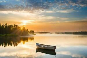 a boat sits on the water at sunset. AI-Generated photo