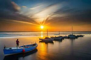 a man stands on the beach watching boats at sunset. AI-Generated photo
