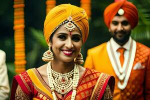 a bride in an orange turban and jewelry. AI-Generated photo
