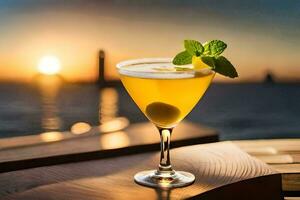 cocktail on a wooden table with sunset in the background. AI-Generated photo