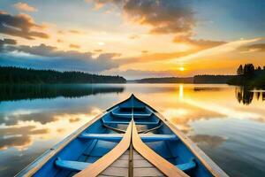 the boat is on the calm lake at sunset. AI-Generated photo