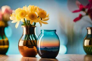 two vases with flowers in them on a table. AI-Generated photo