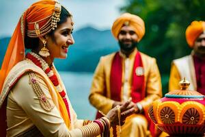 indian wedding ceremony in lake house. AI-Generated photo