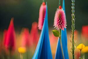 a flower is standing in front of blue umbrellas. AI-Generated photo