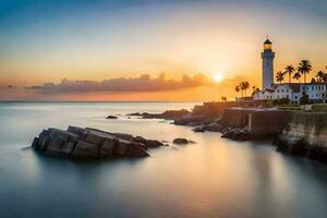 a lighthouse stands on the shore of a body of water at sunset. AI-Generated photo