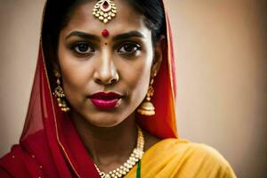 un hermosa indio mujer vistiendo un rojo sari. generado por ai foto