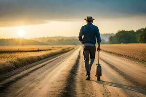 a man with a hat and suit walking down a dirt road. AI-Generated photo