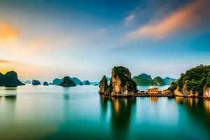 the sunrise over halong bay, vietnam. AI-Generated photo