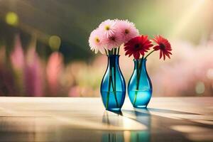 two blue vases with flowers on a table. AI-Generated photo