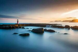 a lighthouse stands on the rocks at sunset. AI-Generated photo