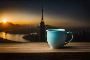 el ciudad, café, taza, amanecer, hd fondo de pantalla. generado por ai foto