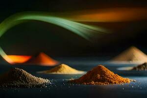 a variety of spices are shown in a dark room. AI-Generated photo