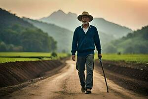 un mayor hombre caminando abajo un suciedad la carretera. generado por ai foto