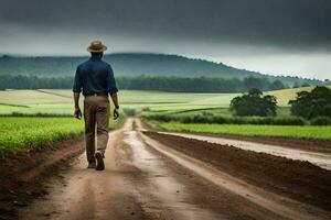 a man walking down a dirt road in a field. AI-Generated photo