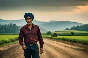 un hombre en un turbante camina abajo un suciedad la carretera. generado por ai foto