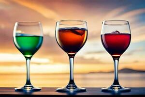 Tres lentes de vino con diferente colores. generado por ai foto