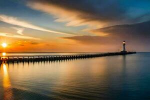 a lighthouse stands on the water at sunset. AI-Generated photo