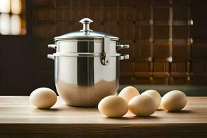 a stainless steel pot with eggs on a wooden table. AI-Generated photo