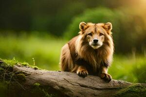 a lion is sitting on a log in the grass. AI-Generated photo