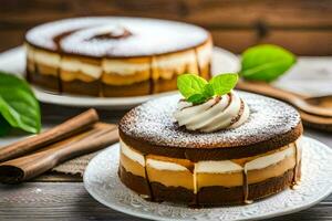 dos pasteles con azotado crema y canela en un de madera mesa. generado por ai foto