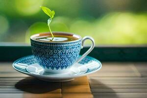 a cup of tea with a sprout. AI-Generated photo