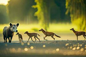 a group of deer and a baby deer walking on the road. AI-Generated photo