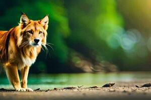 un rojo perro en pie en el suelo cerca un río. generado por ai foto