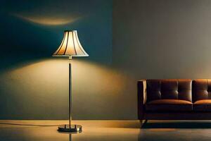 a lamp is sitting on a table next to a couch. AI-Generated photo