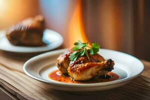 a plate of chicken with sauce and herbs on a table. AI-Generated photo