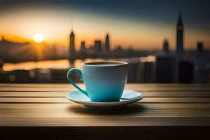 café taza en el mesa con paisaje urbano en el antecedentes. generado por ai foto