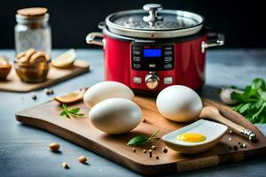 eggs on a cutting board next to a slow cooker. AI-Generated photo