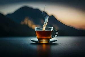 un taza de té en un mesa con montañas en el antecedentes. generado por ai foto