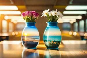 two vases with flowers on a table. AI-Generated photo