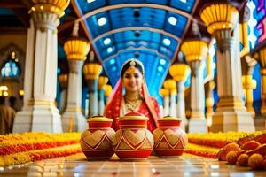 a bride in traditional indian attire sits in front of a decorated altar. AI-Generated photo