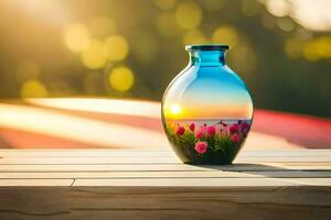 a vase with flowers on a table in the sun. AI-Generated photo