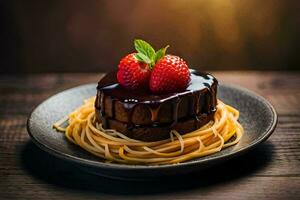 a chocolate cake with strawberries and spaghetti on a plate. AI-Generated photo