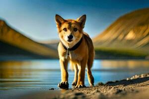 a dog standing on the shore of a lake. AI-Generated photo