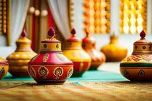 colorful vases are lined up on a table. AI-Generated photo