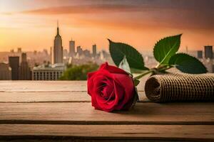 rose on the table with cityscape in background. AI-Generated photo