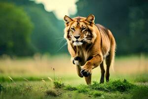 un Tigre corriendo mediante un campo. generado por ai foto